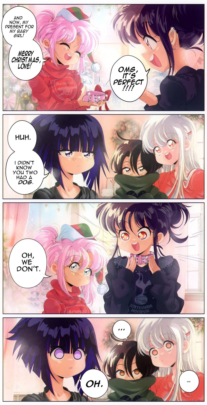 +_+ ... 4koma 5girls :d animal_collar anya_(grs-) arsenal_fc black_hair blanc_(grs-) blue_eyes blunt_bangs brown_eyes brown_hair christmas collar comic commentary ear_piercing earrings english_commentary english_text grs- hailey_(grs-) hair_ornament hairclip height_difference highres jewelry long_hair merry_christmas multiple_girls open_mouth original piercing pink_eyes pink_hair pink_sweater purple_eyes purple_hair raised_eyebrow sharon_(grs-) short_hair smile speech_bubble spoken_ellipsis sweater talia_(grs-) teeth tottenham_hotspur_fc upper_teeth_only white_hair yuri