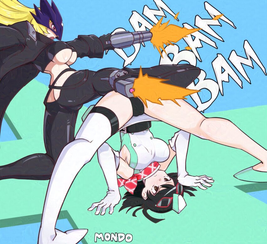 2girls ankle_gun ass beelstarmon black_coat black_eyes black_hair black_panties black_pants blonde_hair blue_background breasts butt_crack coat digimon digimon_(creature) digimon_story:_time_stranger dress eye_mask finger_on_trigger firing goggles green_background green_dress green_hat gun hat highres holding holding_gun holding_weapon large_breasts multiple_girls open_clothes open_coat panties pants purple_eyes simple_background supermondobeat third_eye top-down_bottom-up two-tone_dress underboob underwear upside-down weapon white_dress yuuki_kanan yuuki_kanan