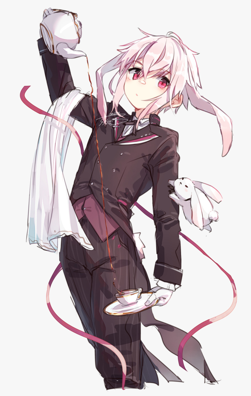 1boy animal animal_on_arm ansel_(arknights) arknights black_jacket black_pants blue_background buttons cropped_legs crossed_bangs cup double-breasted formal_clothes gloves hair_between_eyes highres holding holding_cup holding_teapot jacket lapels male_focus pants pink_eyes pink_hair pinstripe_pants pinstripe_pattern pouring rabbit rabbit_boy rabbit_ears rabbit_tail signature simple_background solo suit tea teapot towel_on_arm waiter webp-to-png_conversion white_gloves zutaboro