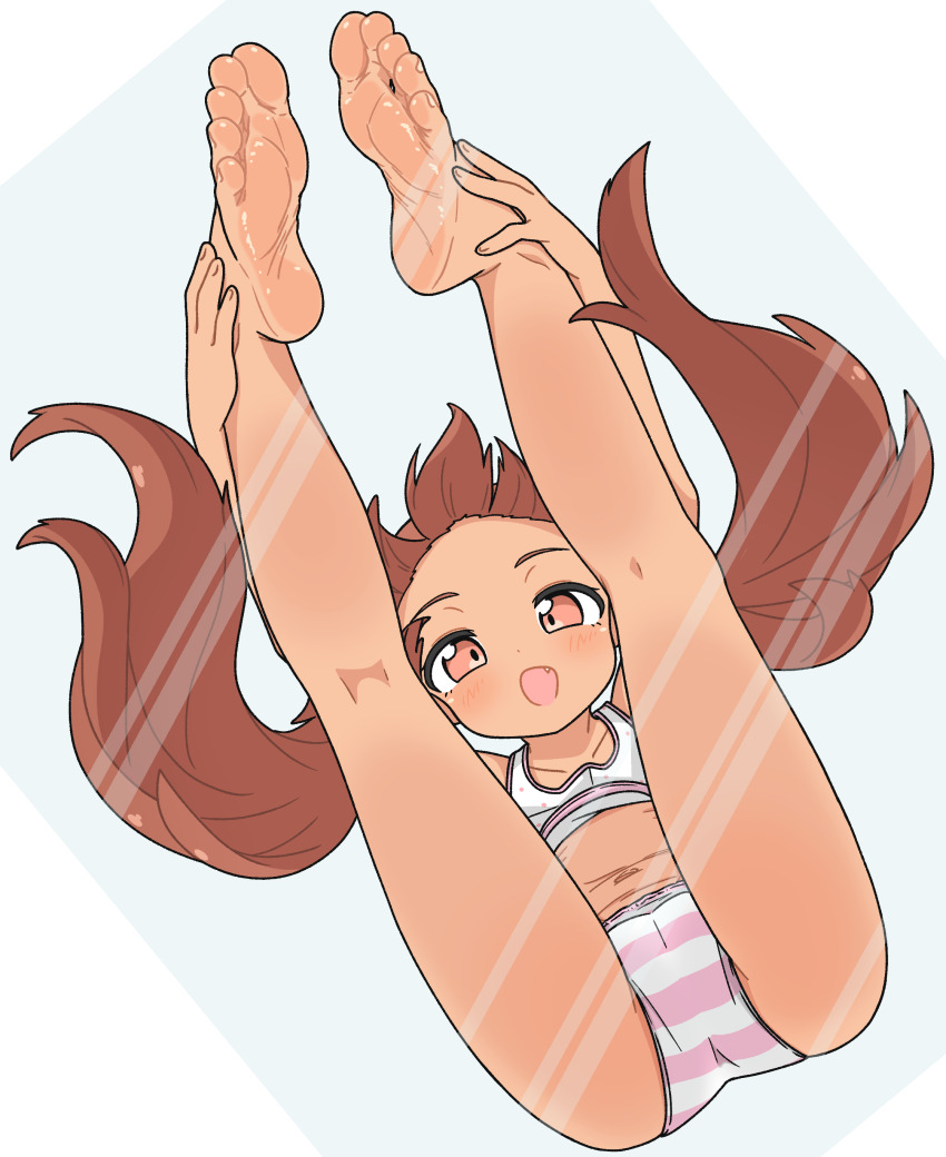 1girl absurdres barefoot blush brown_eyes brown_hair feet from_below glass highres kantai_collection libeccio_(kancolle) long_hair looking_at_viewer nairo open_mouth soles toes twintails