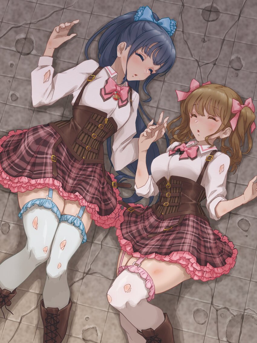 2girls assault_lily belt belt_buckle blue_bow blue_hair blush boots bow bowtie breasts brown_belt brown_footwear brown_hair brown_skirt bruise bruise_on_leg buckle closed_eyes collared_shirt commentary_request commission corset feet_out_of_frame frilled_skirt frills hair_bow hands_up high_ponytail highres houjou_monica_asahi indoors injury jewelry knee_up knees_together_feet_apart lace-up_boots long_hair long_sleeves ludvico_private_girls&#039;_academy_school_uniform lying mabuta_kayumi medium_breasts mole mole_under_mouth multiple_belts multiple_girls narumi_clara_yuuko on_back on_floor parted_lips pendant pink_bow pink_bowtie plaid_clothes plaid_skirt ponytail school_uniform second-party_source shade shirt skeb_commission skirt sleeves_pushed_up thighhighs three-quarter_sleeves tile_floor tiles torn_clothes torn_shirt torn_thighhighs twintails underbust very_long_hair white_shirt white_thighhighs zettai_ryouiki zipper_pull_tab