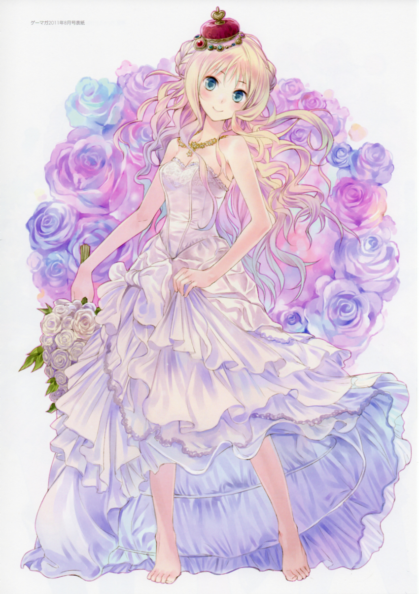 1girl absurdres atelier_(series) atelier_meruru bare_shoulders barefoot blonde_hair blue_flower blue_rose bouquet clothes_lift crown dress dress_lift feet female_focus flower frills half_updo highres jewelry kishida_mel long_hair merurulince_rede_arls multicolored_flower multicolored_rose necklace pink_flower pink_rose purple_flower purple_rose red_crown rose skirt_hold smile solo tiptoes wavy_hair white_flower white_rose