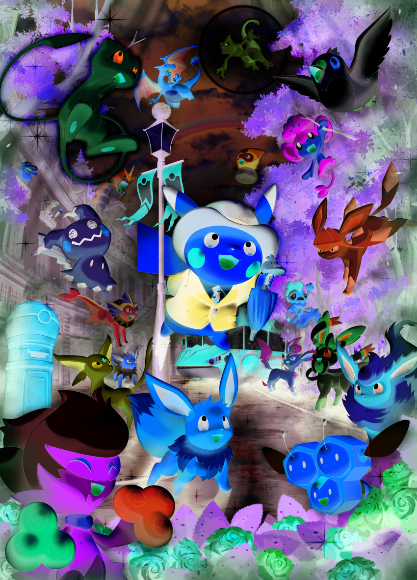 :3 :d absurdres artist_request black_necktie blue_eyes blue_jacket blue_sky brown_eyes brown_hat building bus castform castform_(rainy) charizard closed_eyes closed_mouth clothed_pokemon cloud cloudy_sky combee eevee espeon flareon floating flower flying gen_1_pokemon gen_2_pokemon gen_3_pokemon gen_4_pokemon gen_5_pokemon gen_6_pokemon gen_7_pokemon glaceon gyarados hat highres holding holding_umbrella jacket jolteon key_visual lamppost leafeon legendary_pokemon mew_(pokemon) mewtwo mimikyu motor_vehicle mythical_pokemon necktie nintendo no_humans official_art open_mouth pansage pidove pikachu poke_ball poke_ball_(basic) poke_ball_print pokemon pokemon_(creature) pokemon_focus postbox_(outgoing_mail) promotional_art psyduck rain rainbow red_flower red_rose rose roserade scrafty second-party_source shirt sky smile sparkle sylveon tree umbrella vaporeon white_shirt window yellow_eyes