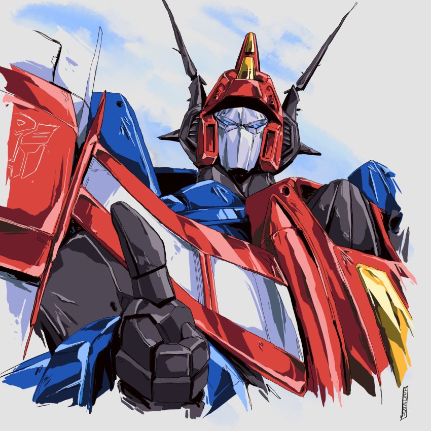 1980s_(style) 1boy autobot blue_eyes commentary commission cropped_torso english_commentary highres hinomars19 looking_at_viewer mecha no_humans oldschool retro_artstyle robot science_fiction second-party_source solo star_saber_(transformers) thumbs_up transformers transformers_super-god_masterforce transformers_victory upper_body