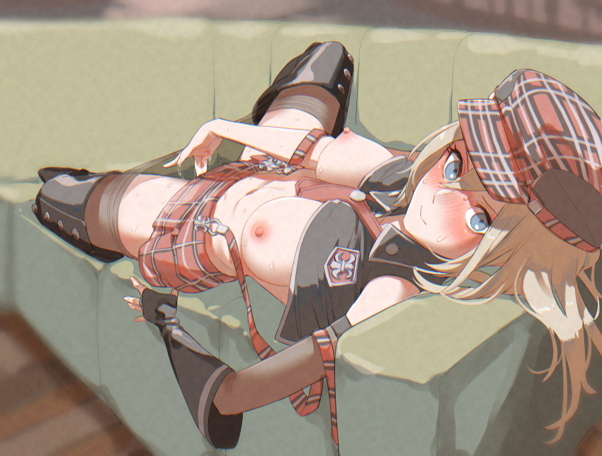 1girl alisa_ilinichina_amiella black_pantyhose blonde_hair blush boots breasts clothes_pull coach god_eater god_eater_burst hair_between_eyes highres long_hair lying masturbation medium_breasts necktie nipples on_back paniitaa pantyhose pantyhose_pull plaid_clothes plaid_headwear plaid_skirt pussy_juice skirt solo spread_legs