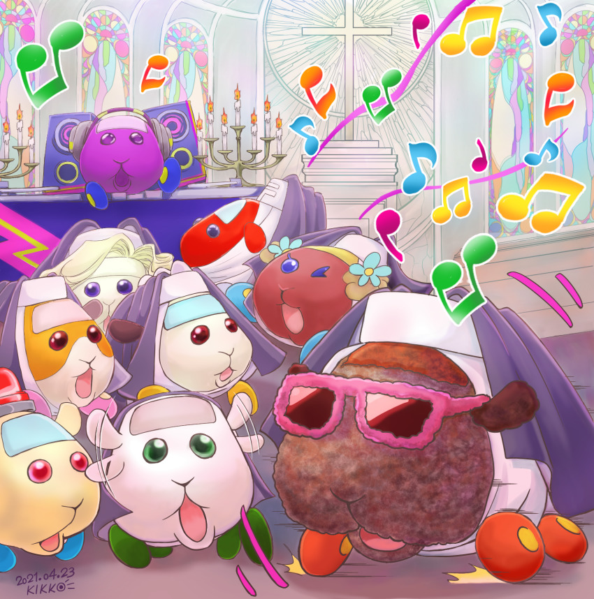 :o abbey_(pui_pui_molcar) artist_name beamed_eighth_notes blonde_hair blue_eyes candle candlestand character_request choco_(pui_pui_molcar) church cross crossover dated dj_molcar ear_wiggle eighth_note green_eyes habit highres indoors kikko-9981 molcar musical_note patrol_molcar potato_(pui_pui_molcar) pui_pui_molcar quarter_note red_eyes shiromo_(pui_pui_molcar) sister_act speaker stained_glass sunglasses teddy_(pui_pui_molcar) treasure_molcar