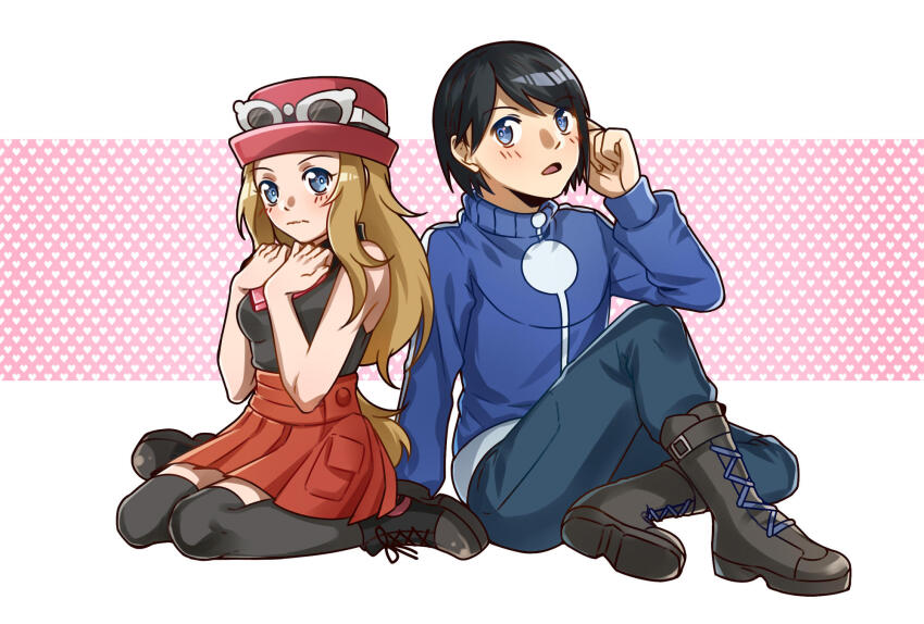 1boy 1girl black_hair black_shoes black_thighhighs blue_jacket blush boots brown_hair calem_(pokemon) eyewear_on_headwear full_body grey_eyes hat highres jacket nintendo pleated_skirt pokemon pokemon_xy red_hat serena_(pokemon) shoes sitting skirt sunglasses thighhighs unknown-amelia