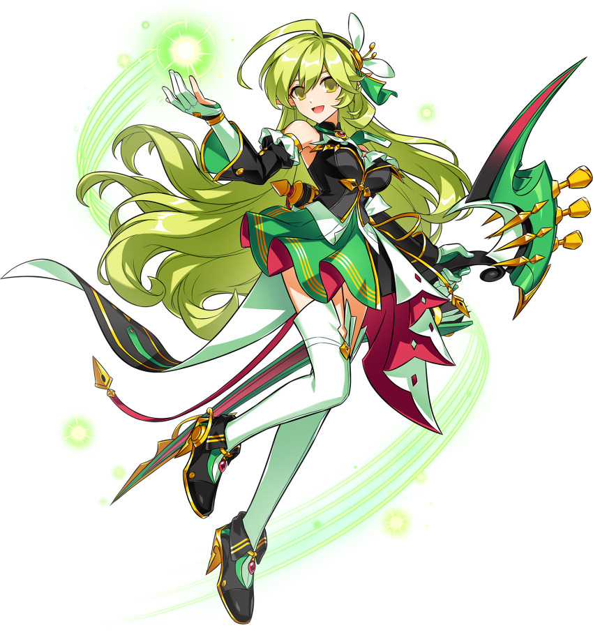 ahoge bare_shoulders black_boots black_hairband black_shirt black_sleeves boots bow bow_(weapon) breasts cleavage_cutout clothing_cutout collared_shirt detached_sleeves elf elsword energy_ball floating floating_clothes floating_hair frilled_sleeves frills game_cg green_hair green_ribbon green_skirt green_sleeves hair_between_eyes hair_bow hair_ribbon hairband happy high_collar high_heel_boots high_heels highres holding holding_bow_(weapon) holding_weapon hwansang juliet_sleeves large_breasts layered_shirt leg_up long_hair long_sleeves magic miniskirt object_floating_above_hand official_art pleated_skirt pointy_ears puffy_sleeves red_skirt rena_erindel ribbon second-party_source shirt skirt sleeveless sleeveless_shirt stiletto_heels tachi-e thighhighs transparent_background two-sided_fabric two-sided_skirt two-sided_sleeves very_long_hair wavy_hair weapon white_bow white_shirt white_thighhighs