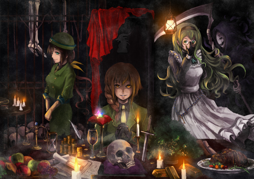 3girls adjusting_eyewear apple apron black_gloves bowler_hat braid brown_hair candle chama_(painter) coin creator_connection cygames food frilled_apron frills fruit glasses gloves glowing glowing_eyes gold_bar gold_coin green_eyes green_hair hairband hat hayakawa_tazuna idolmaster idolmaster_cinderella_girls inkwell karin_(princess_connect!) long_hair long_sleeves looking_at_viewer maid maid_apron multiple_girls necktie orange_eyes own_hands_clasped own_hands_together princess_connect! quill scythe senkawa_chihiro single_braid skeleton split_ponytail trait_connection umamusume very_long_hair wavy_hair white_necktie yellow_necktie