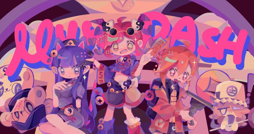 3girls :d ahoge animal_ears backpack bag black_bag blue_dress blue_eyes blue_hair blue_tail breasts buro_(exorcist_master)_(muse_dash) buro_(muse_dash) cat_ears cat_girl cat_tail chinese_clothes closed_mouth commentary copyright_name dark_blue_hair dress english_commentary eyewear_on_head fangs frown hand_on_own_chest heart highres jacket large_breasts long_hair long_sleeves marija_(muse_dash) matoka7 multiple_girls muse_dash ofuda open_clothes open_jacket open_mouth orange_hair orange_jacket puffy_short_sleeves puffy_sleeves red_eyes red_hair rin_(muse_dash) round_eyewear short_hair short_sleeves smile tail yellow-framed_eyewear yin_yang yin_yang_hair_ornament