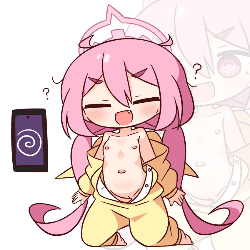 1girl :d ? bare_shoulders barefoot blue_archive blush breasts closed_eyes collarbone commentary_request facing_viewer fang full_body halo hana_kazari highres hypnosis kneeling koyuki_(blue_archive) koyuki_(pajamas)_(blue_archive) long_hair long_sleeves mind_control navel nipples open_mouth open_pajamas pajamas pink_hair pink_halo pussy small_breasts smile solo thick_eyebrows twintails zoom_layer
