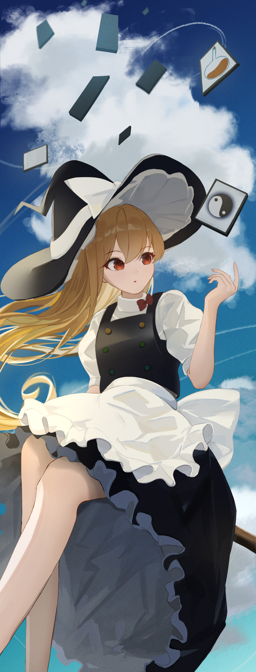 100th_black_market 1girl absurdres alternate_eye_color alternate_hair_color apron back_bow black_dress black_hat blonde_hair blue_sky bow breasts broom broom_riding brown_hair buttons card card_(medium) cloud cloudy_sky commentary_request dress flask flying gradient_hair gradient_sky hair_between_eyes hand_up hat hat_bow highres kirisame_marisa light_brown_hair long_hair looking_to_the_side medium_breasts multicolored_buttons multicolored_hair non_porn open_mouth palulap pointing puffy_short_sleeves puffy_sleeves red_bow red_eyes round-bottom_flask shirt short_sleeves sitting sky solo test_tube touhou white_apron white_bow white_shirt witch_hat yin_yang