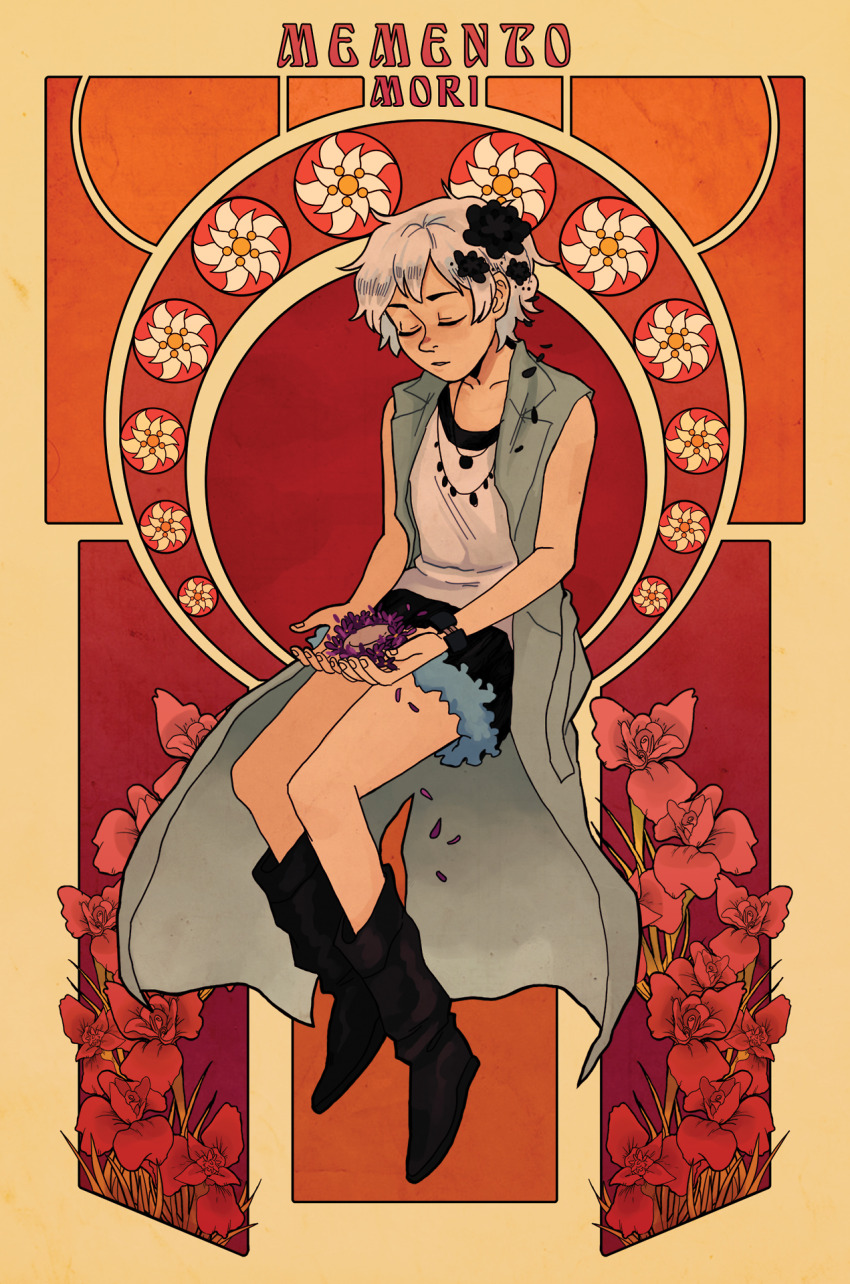 1girl black_boots black_flower black_skirt blue_jacket boots closed_eyes commentary cookieekun english_commentary flower full_body hair_flower hair_ornament highres holding holding_flower jacket jewelry kyokugen_dasshutsu kyokugen_dasshutsu_adv:_zennin_shibou_desu latin_text necklace open_clothes open_jacket phi_(kyokugen_dasshutsu) purple_flower purple_petals red_flower shirt short_hair skirt sleeveless sleeveless_jacket sleeveless_shirt solo very_short_hair white_hair white_shirt