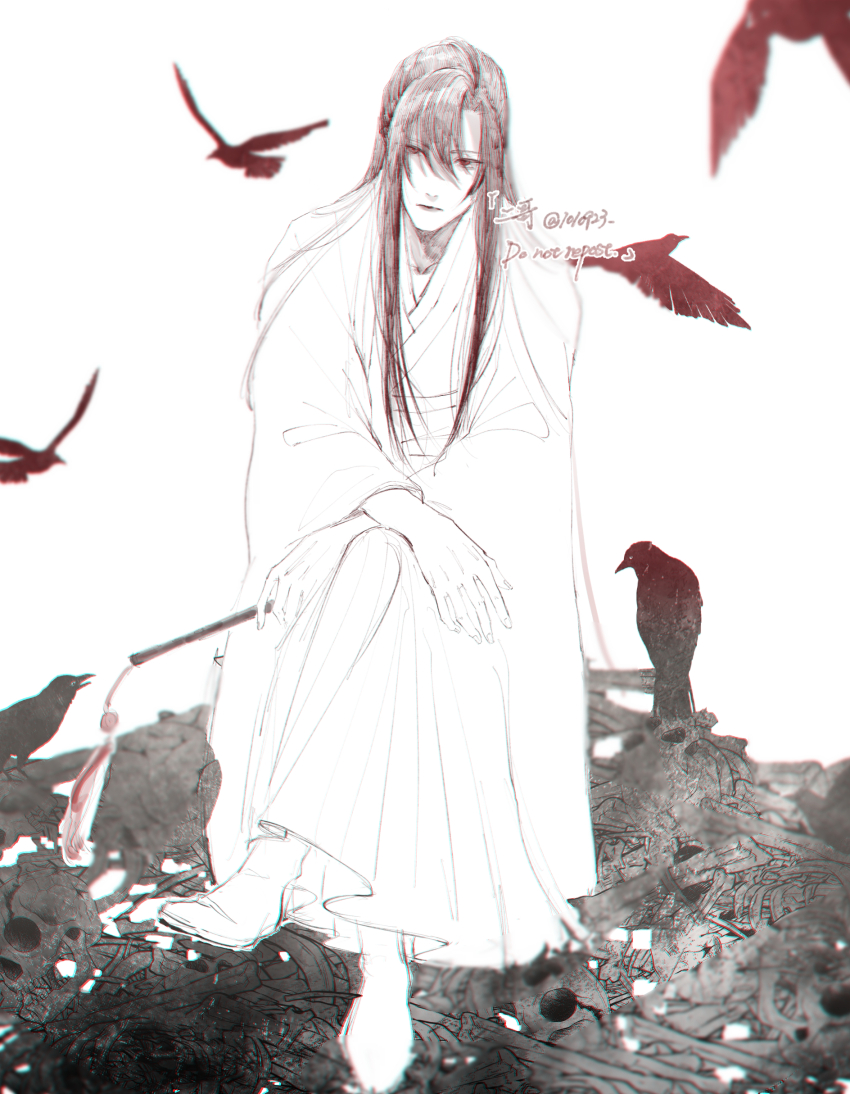 1010923 1boy absurdres bird blurry blurry_foreground bone boots chinese_clothes chromatic_aberration closed_mouth crossed_legs crow dated dizi flute flute_tassel full_body greyscale hair_between_eyes hair_down hair_ribbon half_updo hanfu highres holding holding_flute holding_instrument instrument long_hair long_sleeves looking_at_viewer male_focus modao_zushi monochrome official_alternate_hairstyle ponytail red_eyes red_ribbon ribbon robe sidelocks simple_background sitting skull solo spot_color tassel transverse_flute twitter_username watermark wei_wuxian wei_wuxian_(yiling_laozu) white_background wide_sleeves