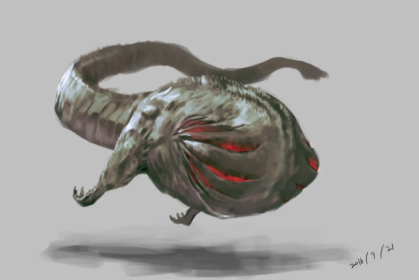 giant giant_monster gills glowing godzilla godzilla_(series) hanekura_bou highres kaiju long_tail monster sea_monster shadow shin_godzilla simple_background spikes swimming tail toho very_long_tail white_background