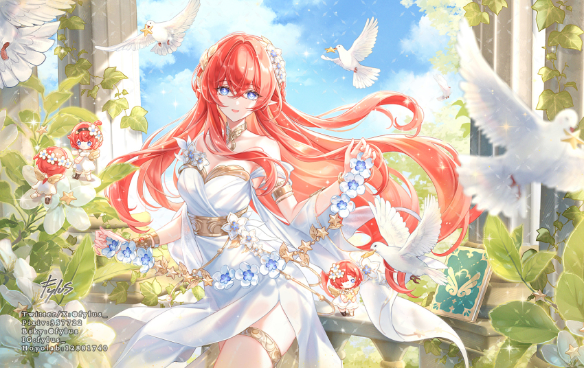 4girls ancient_greek_clothes bare_shoulders bird blue_eyes blue_sky bluesky_username book commentary cross-shaped_pupils dress flower fylus gold_armlet greco-roman_clothes head_wreath honkai:_star_rail honkai_(series) instagram_username long_hair multiple_girls pixiv_id pointy_ears red_hair short_hair sky smile stone_pillar symbol-shaped_pupils thigh_strap trianne_(honkai:_star_rail) tribbie_(honkai:_star_rail) tribios_(honkai:_star_rail) trinnon_(honkai:_star_rail) twitter_username white_bird white_dress white_flower