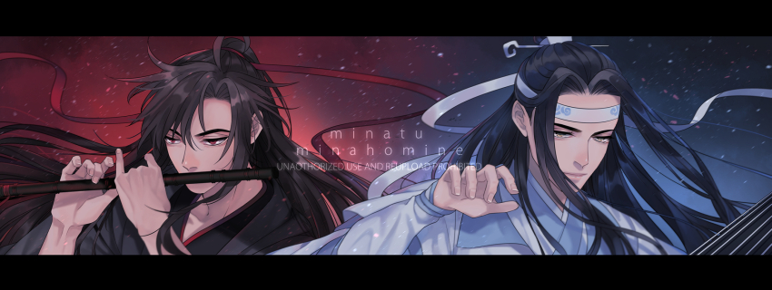 2boys ahoge artist_name black_hair black_hanfu chinese_clothes closed_mouth coat commentary dizi english_commentary floating_hair flute grey_coat guqin hair_ribbon half_updo hand_up hands_up hanfu headband highres holding holding_flute holding_instrument instrument lan_wangji letterboxed long_hair long_sleeves looking_at_viewer male_focus minataka94 modao_zushi multiple_boys music night official_alternate_costume official_alternate_hairstyle playing_flute playing_instrument red_eyes red_ribbon ribbon robe sidelocks topknot transverse_flute upper_body watermark wei_wuxian wei_wuxian_(yiling_laozu) white_hanfu white_headband xiao_guan_(headdress) yellow_eyes
