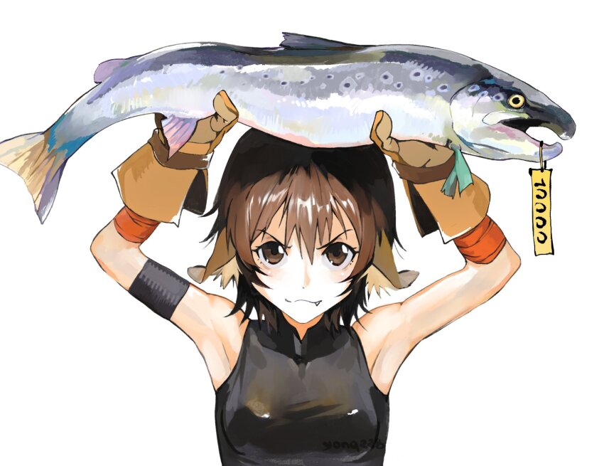 1girl :3 animal animal_ear_fluff animal_ears armband armpits arms_up bandaged_arm bandages bare_shoulders black_armband brown_eyes brown_gloves brown_hair carrying_overhead closed_mouth fang fish floppy_ears gloves highres holding holding_animal holding_fish looking_at_viewer milestone_celebration original price_tag salmon serious shirt simple_background sleeveless sleeveless_shirt smile solo straight-on upper_body v-shaped_eyebrows white_background work_gloves yonq98