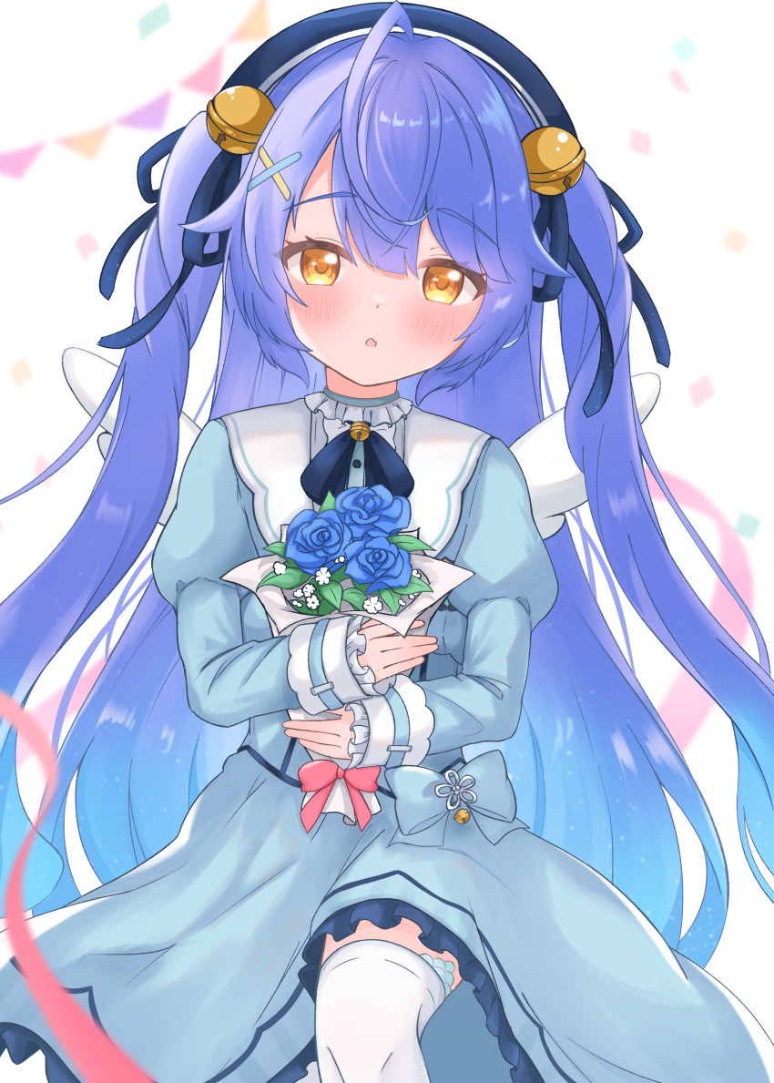 1girl absurdres ahoge amamiya_kokoro bell beret blue_flower blue_hair blue_rose blush bouquet bow commentary fang flower hair_bell hair_between_eyes hair_ornament hair_ribbon hat highres holding holding_flower jingle_bell long_hair looking_at_viewer matcha_november mini_wings nijisanji open_mouth ribbon rose scales skin_fang two_side_up very_long_hair virtual_youtuber wings worried x_hair_ornament yellow_eyes