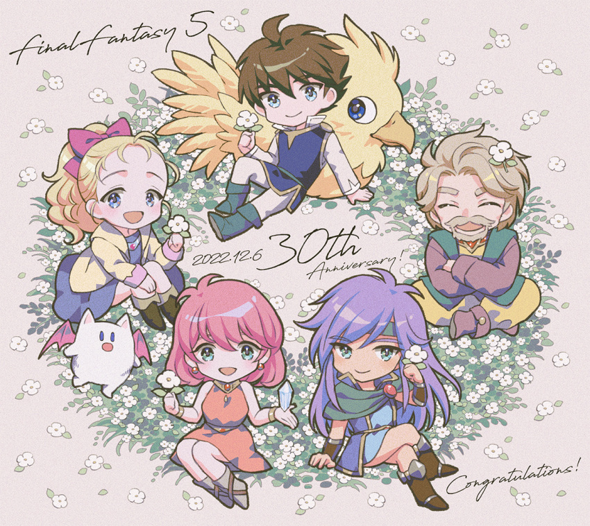 2boys 3girls ahoge bartz_klauser beard blonde_hair blue_dress blue_eyes blue_tunic bow brown_hair brown_shirt chibi chocobo cloak closed_eyes coat crossed_arms crossed_legs crystal dated dress facial_hair faris_scherwiz final_fantasy final_fantasy_v flower galuf_halm_baldesion green_cloak green_headband green_vest grey_background grey_hair hair_between_eyes hair_bow hair_flower hair_ornament headband holding holding_crystal holding_flower krile_mayer_baldesion_(ff5) lenna_charlotte_tycoon long_sleeves moogle multiple_boys multiple_girls mustache open_mouth orange_dress pants parted_bangs pink_bow pink_hair purple_hair shirt sitting sleeveless sleeveless_dress smile spiked_hair takatora tunic vest white_flower white_pants yellow_coat yellow_pants