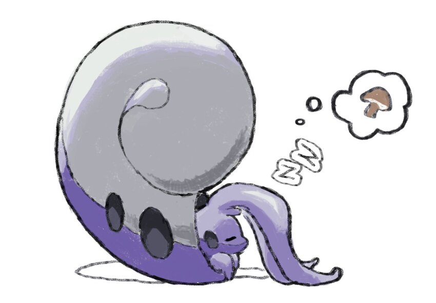 closed_eyes commentary creature creature_focus creatures_(company) from_side full_body game_freak hisuian_goodra mushroom nintendo no_humans pokemon pokemon_(creature) simple_background sleeping snoozaga solo speech_bubble thought_bubble white_background zzz