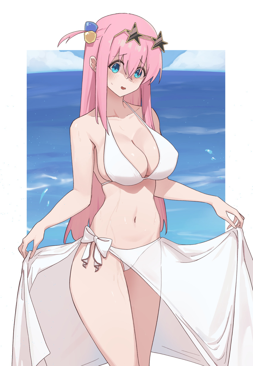 1girl absurdres bikini blue_eyes blush bocchi_the_rock! border bow boyin breasts commentary cube_hair_ornament eyewear_on_head feet_out_of_frame gotoh_hitori hair_between_eyes hair_bobbles hair_ornament highres large_breasts long_hair looking_at_viewer navel one_side_up open_mouth outside_border pink_hair sarong sarong_hold sidelocks solo star-shaped_eyewear star_(symbol) sunglasses sweatdrop swimsuit wet white_bikini white_border white_bow white_sarong