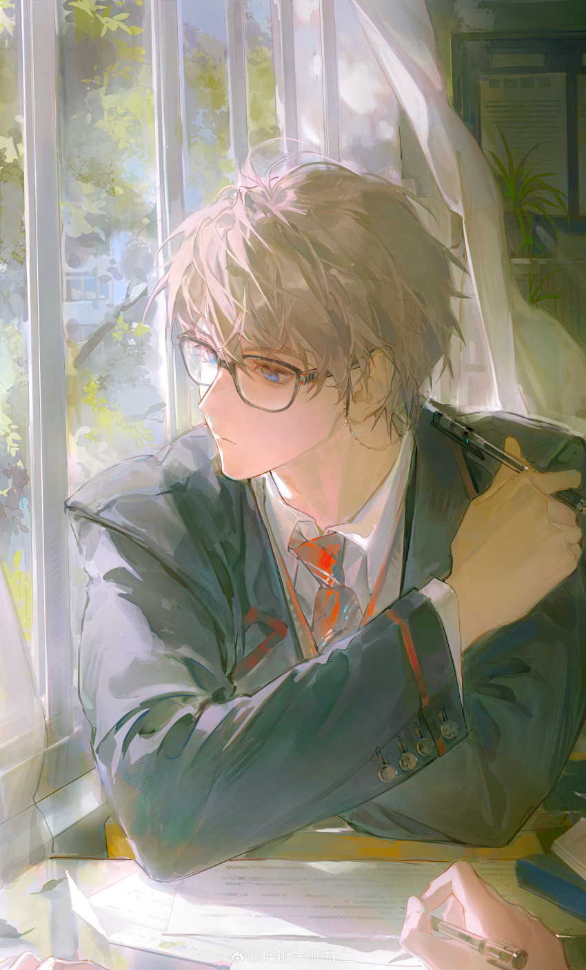 1boy absurdres banfan_dashi_xiaren between_fingers black-framed_eyewear blazer blue_jacket blue_sky bulletin_board chair classroom closed_mouth collared_shirt crossed_arms curtains day desk expressionless glasses hair_between_eyes highres holding holding_pen jacket layered_sleeves long_sleeves looking_outside love_and_deepspace male_focus necktie on_chair paper pen pointy_nose pov red_necktie school_desk school_uniform shirt short_hair sitting sky solo_focus tree upper_body white_hair white_shirt window xavier_(love_and_deepspace)