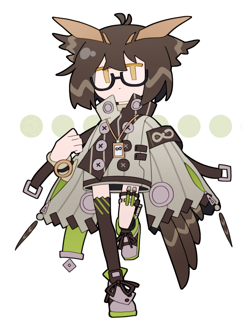1girl absurdres arknights brown_hair brown_jacket brown_thighhighs chibi coffee_toranpu commentary_request feather_hair frown glasses grey_shoes highres id_card infinity_symbol jacket looking_at_viewer rhine_lab_logo shoes silence_(arknights) simple_background single_thighhigh solo standing standing_on_one_leg test_tube thigh_strap thighhighs white_background yellow_eyes