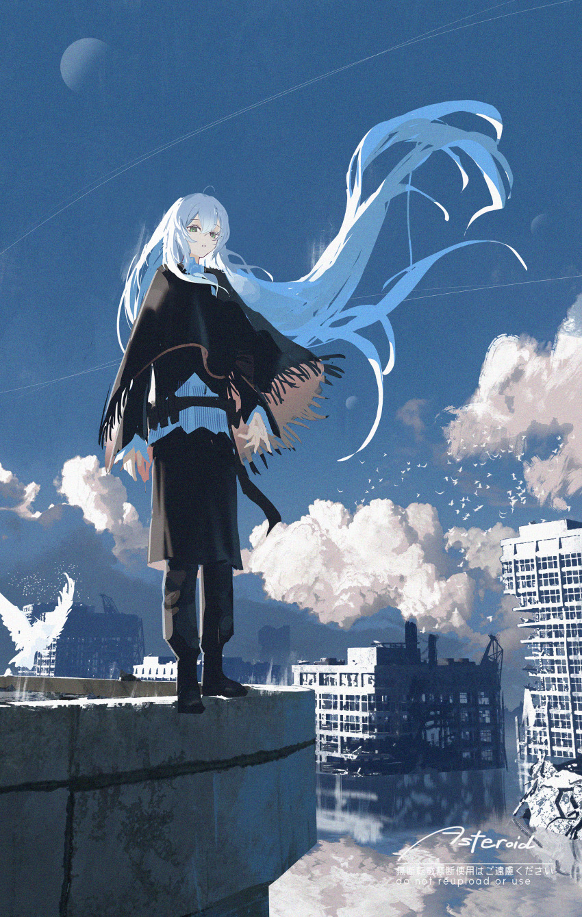 1girl absurdres artist_name asteroid_ill black_boots black_pants black_poncho blue_sky boots building city cloud cloudy_sky flood grey_eyes grey_hair highres long_hair original outdoors pants post-apocalypse reflection reflective_water ruins simple_bird sky solo standing water