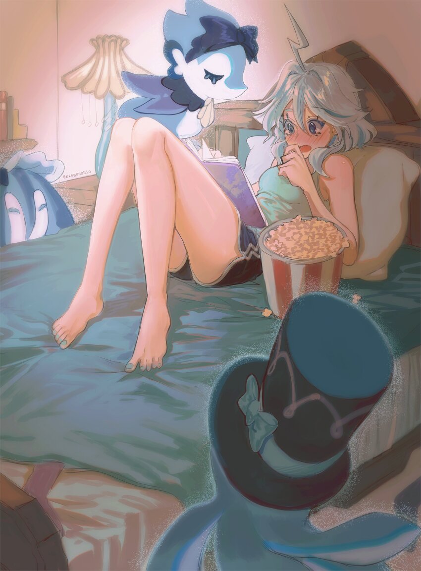1girl ahoge bare_arms bare_legs bare_shoulders barefoot bed blue_hair blush book boyshort_panties camisole commentary drop-shaped_pupils english_commentary expressive_hair eyelashes familiar food full_body furina_(genshin_impact) genshin_impact gentilhomme_usher hair_between_eyes hair_intakes heterochromia highres holding holding_book huge_ahoge indoors kiegenshin knees_together_feet_apart knees_up light_blue_hair lightning_ahoge looking_at_object lying mademoiselle_crabaletta medium_hair mismatched_pupils multicolored_hair nail_polish nose_blush on_back on_bed open_book open_mouth pillow popcorn reading streaked_hair surintendante_chevalmarin symbol-shaped_pupils toenails toes underwear underwear_only wide-eyed