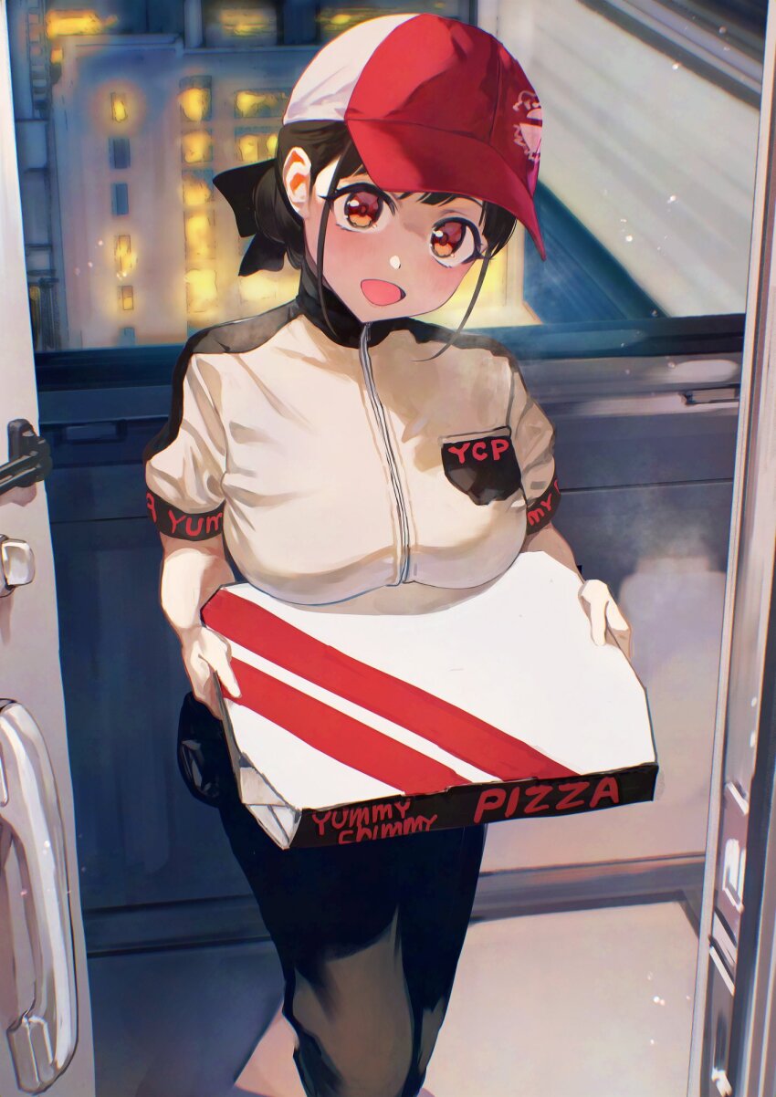 1girl alternate_costume alternate_hairstyle baseball_cap black_pants blunt_bangs breasts brown_eyes brown_hair city cowboy_shot delivery door doorway employee_uniform eyelashes fanged_bangs fast_food_uniform food hair_bun hair_ribbon hat highres holding holding_food holding_pizza idolmaster idolmaster_shiny_colors jacket large_breasts light_blush looking_at_viewer multicolored_hat night open_mouth otsudou pants pizza pizza_box pizza_delivery pov_doorway red_hat ribbon short_sleeves smile solo sonoda_chiyoko turtleneck turtleneck_jacket white_hat white_jacket