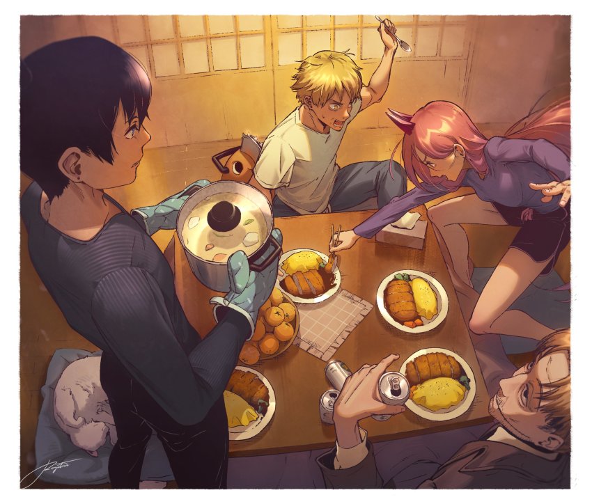 1girl 5boys alcohol arguing beer black_eyes black_hair black_jacket black_pants black_shorts black_suit blonde_hair blue_eyes blue_shirt cat chainsaw chainsaw_man collared_shirt denji_(chainsaw_man) dinner dog food formal_clothes fruit hair_between_eyes hair_tied hair_tied_up hayakawa_aki highres horns jacket kishibe_(chainsaw_man) long_hair long_sleeves medium_hair meowy_(chainsaw_man) multiple_boys omelet omurice open_mouth orange_(fruit) oven_mitts pants pillow pink_hair pochita_(chainsaw_man) pot power_(chainsaw_man) purple_shirt red_eyes regitionlee scar scar_on_face sharp_teeth shirt short_hair short_sleeves shorts sitting three-quarter_sleeves spoon standing stew suit sweat table teeth tempura tongue undercut white_cat white_hair white_shirt yellow_eyes