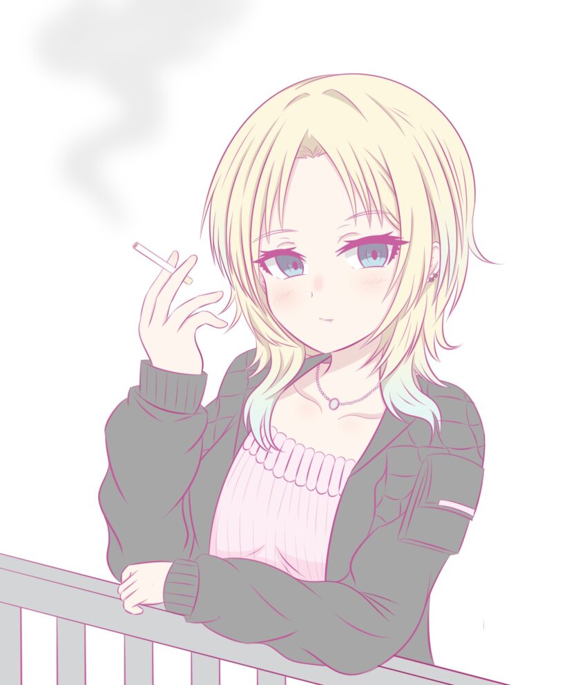1girl black_jacket blonde_hair blue_eyes blush breasts cigarette closed_mouth collarbone commentary_request gradient_hair hair_down highres holding holding_cigarette jacket jewelry link!_like!_love_live! long_hair long_sleeves love_live! medium_breasts multicolored_hair necklace official_alternate_costume open_clothes open_jacket osawa_rurino osawa_rurino_(summer_casual) out_of_character pink_shirt shirt simple_background smoking solo toniko_(ncmk_yua) upper_body virtual_youtuber white_background