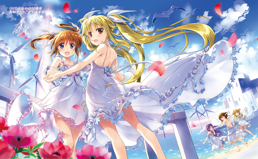 5girls anniversary arisa_bunnings beach blonde_hair blue_sky brown_hair cloud day dress dutch_angle fate_testarossa fisheye flower frilled_dress frills fujima_takuya highres holding_hands long_hair lyrical_nanoha mahou_shoujo_lyrical_nanoha multiple_girls outdoors purple_eyes red_eyes sky takamachi_nanoha tsukimura_suzuka twintails white_dress wind_turbine windmill yagami_hayate