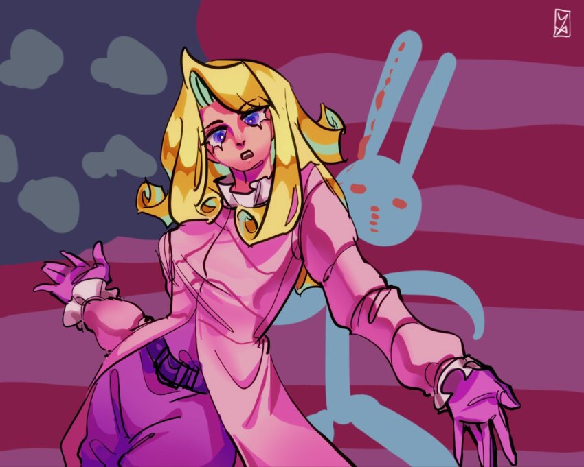 1girl american_flag_background belt belt_buckle blonde_hair buckle check_copyright coat collared_shirt commentary_request copyright_request cowboy_shot curly_hair dirty_deeds_done_dirt_cheap eyelashes frilled_shirt_collar frilled_sleeves frills frown funny_valentine gloves high_collar jojo_no_kimyou_na_bouken korean_commentary long_hair long_sleeves looking_at_viewer open_mouth outstretched_arms pants pink_coat pink_gloves pink_pants pink_sleeves pink_vest purple_belt purple_eyes rabbit shirt simple_background sleeves_past_wrists solo teeth upper_teeth_only vest waiwa_way white_shirt
