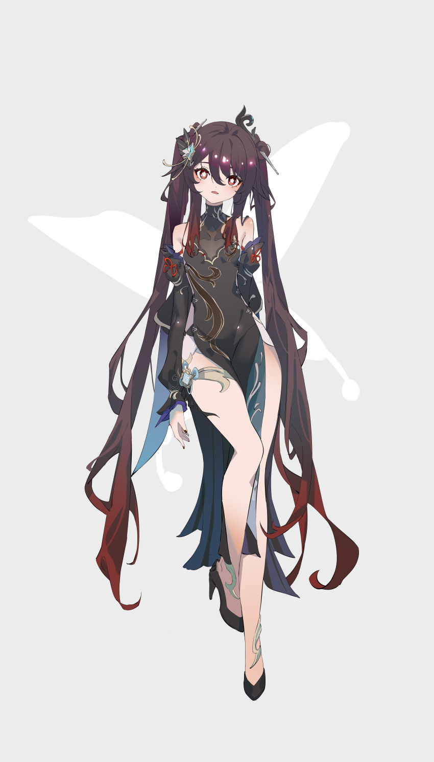 1girl absurdres bare_legs bare_shoulders black_dress black_footwear brown_eyes brown_hair commentary_request cosplay detached_sleeves dress full_body genshin_impact grey_background hair_ornament hair_stick head_tilt high_heels highres hu_tao_(genshin_impact) long_hair long_sleeves looking_at_viewer parted_lips qixia shenhe_(frostflower_dew)_(genshin_impact) shenhe_(genshin_impact) shenhe_(genshin_impact)_(cosplay) sidelocks sleeveless sleeveless_dress solo thighs very_long_hair