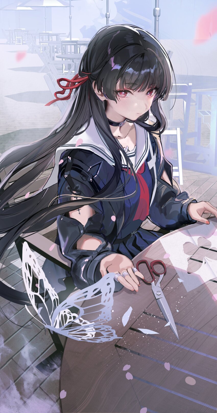 1girl absurdres arm_cutout black_choker black_hair black_jacket black_serafuku black_shirt black_skirt blush breasts bright_pupils bug butterfly chair chisa_(wuthering_waves) choker closed_mouth clothing_cutout collarbone commentary_request floating_hair hair_ribbon highres insect jacket jewelry long_hair long_sleeves looking_at_viewer mole mole_under_eye multiple_rings nail_polish neckerchief on_chair open_clothes outdoors paper_butterfly paper_cutout pleated_skirt red_eyes red_neckerchief red_ribbon ribbon ring sailor_collar school_uniform scissors serafuku shirt sidelocks sitting skirt solo table tacet_mark_(wuthering_waves) uouokuma very_long_hair white_pupils white_sailor_collar wind wuthering_waves