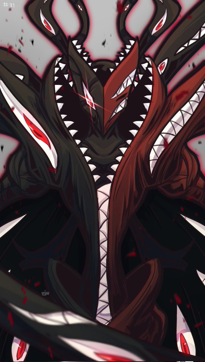 1boy abbadomon_core artist_request creature creepy dated digimon digimon_(creature) extra_eyes grin highres looking_at_viewer monster no_humans red_eyes sharp_teeth simple_background smile solo teeth weapon