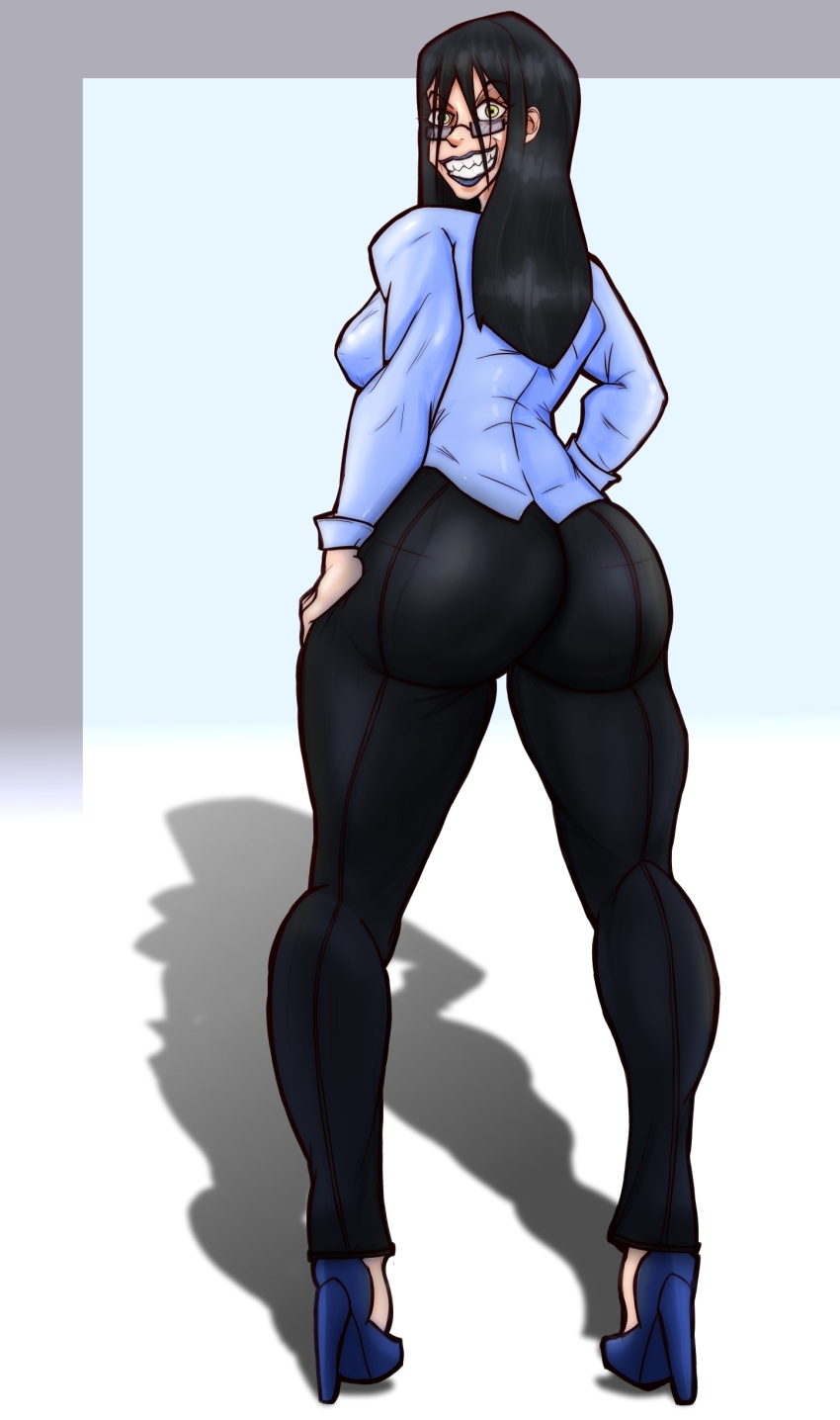 1girl absurdres ass black_hair female_focus formal_clothes glasses high_heels highres huge_ass kengan_(series) kengan_ashura lipstick looking_at_viewer looking_back makeup scarose smile solo suit thick_thighs thighs tomari_togo yellow_eyes
