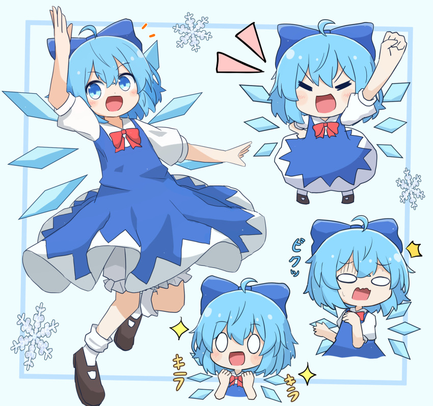 0_0 1girl :d ^^^ ahoge arm_up bloomers blue_bow blue_dress blue_eyes blue_hair blush blush_stickers bow brown_footwear cirno cirno_day clenched_hand collared_shirt commentary_request coruthi cropped_torso detached_wings dress full_body hair_bow hand_on_own_hip hands_up highres ice ice_wings multiple_views neck_ribbon o_o open_mouth puffy_short_sleeves puffy_sleeves red_ribbon ribbon shirt shoes short_hair short_sleeves smile snowflakes socks sparkle sweat touhou translated underwear v-shaped_eyebrows white_bloomers white_shirt white_socks wings