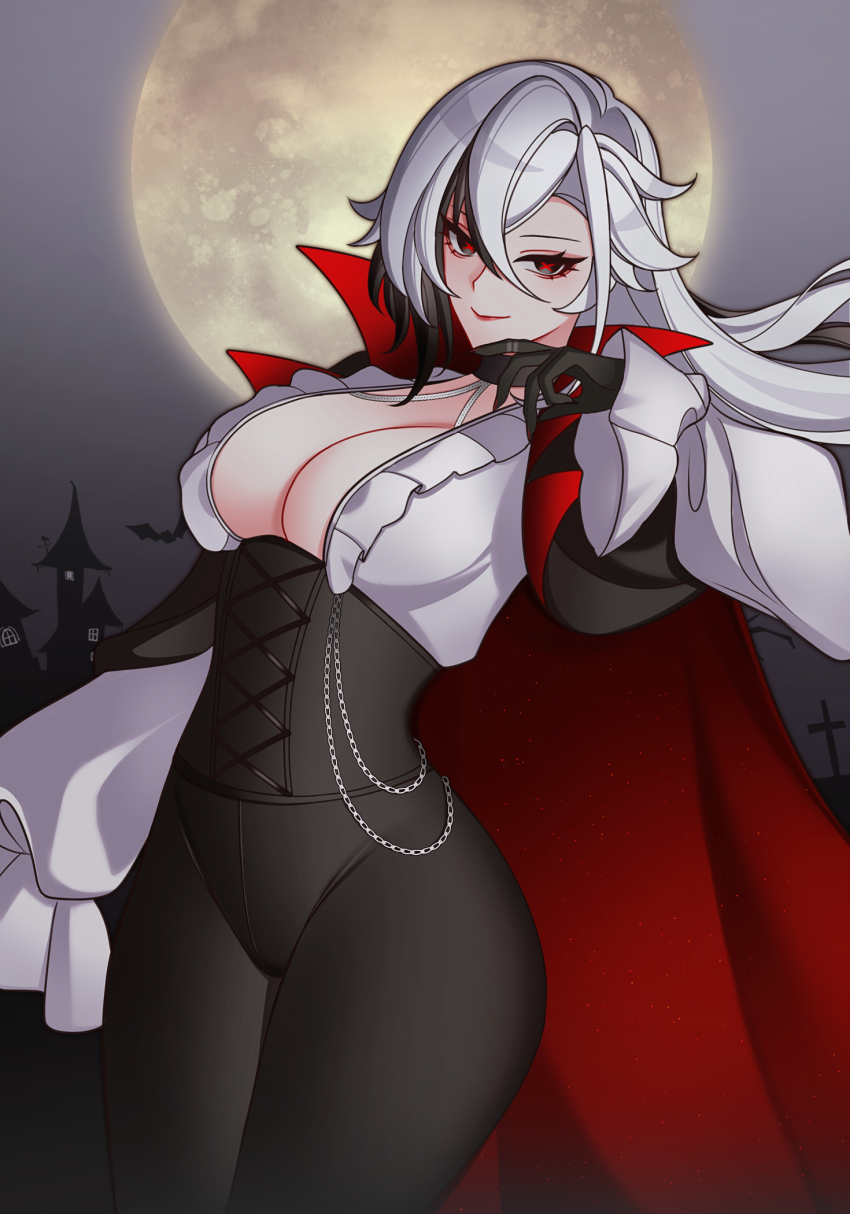 1girl alternate_costume arlecchino_(genshin_impact) black_eyes black_hair black_hands breasts charlie_purrito cleavage colored_extremities genshin_impact highres multicolored_hair night red_pupils smile solo streaked_hair symbol-shaped_pupils white_hair x-shaped_pupils