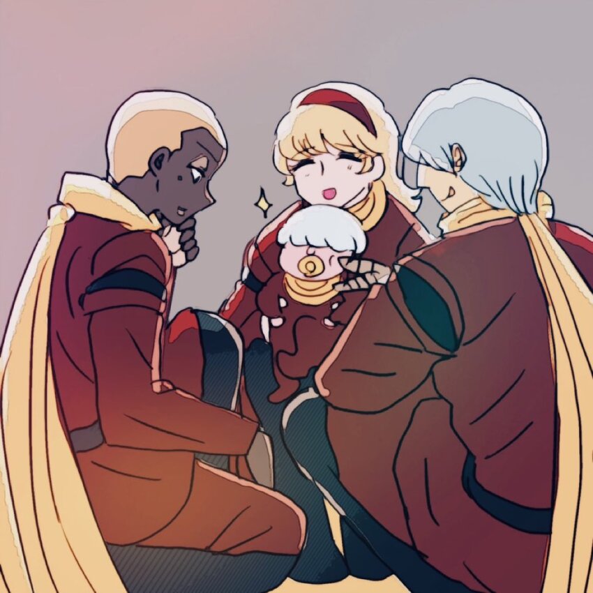 1girl 2boys albert_heinrich baby black_boots blonde_hair boots carrying carrying_baby carrying_person coat cyborg_009 francoise_arnoul hair_over_eyes hairband ivan_whisky light_smile long_hair multiple_boys pacifier pyunma red_coat red_hairband sariokisu scarf short_hair yellow_scarf