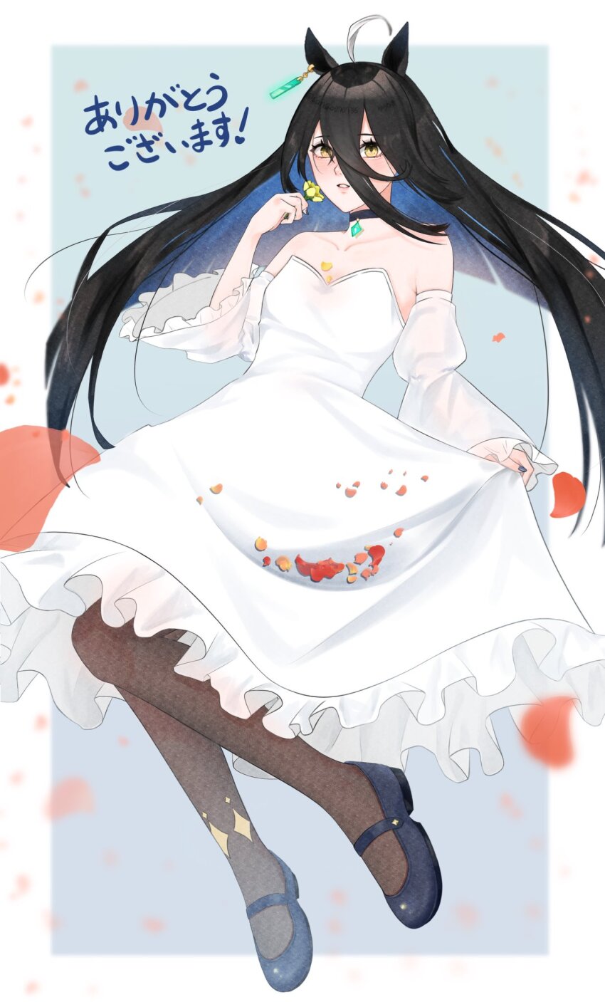 1girl ahoge alternate_costume animal_ears bare_shoulders black_choker black_hair black_shoes blue_hair breasts brown_pantyhose choker collarbone colored_inner_hair detached_sleeves dress ear_ornament ear_tag earrings flower frilled_sleeves frills highres holding holding_flower horse_ears horse_girl jewelry long_hair long_sleeves manhattan_cafe_(umamusume) mary_janes multicolored_hair pantyhose petals sango0707315 shoes single_earring small_breasts solo strapless strapless_dress umamusume very_long_hair white_dress white_hair wide_sleeves yellow_flower
