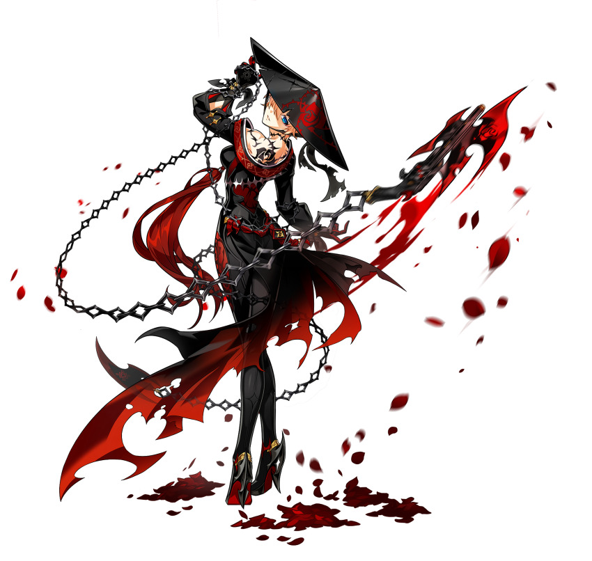 1girl ajirogasa arm_cutout artist_request axe back_tattoo bare_shoulders battle_axe black_dress black_gloves black_hat black_pants black_shoes blonde_hair blood blood_spray blue_eyes chain closed_mouth dress elsword expressionless falling_petals floral_print flower_tattoo from_behind full_body gloves hair_over_one_eye hand_on_headwear hat head_tilt high_heels highres long_sleeves looking_at_viewer looking_back medium_dress neck_tattoo non-web_source off-shoulder_dress off_shoulder official_alternate_costume official_art pants pants_under_skirt petals red_dress rose_(elsword) rose_petals rose_print second-party_source shoes short_hair solo standing tachi-e tassel tattoo thorns torn_clothes torn_dress transparent_background two-sided_dress two-sided_fabric weapon