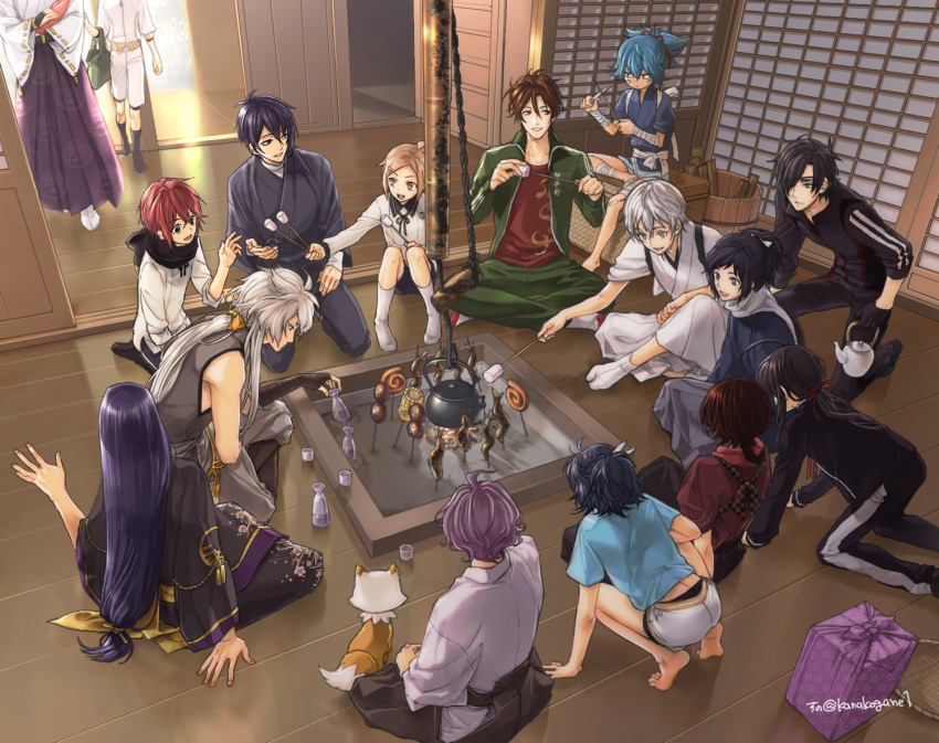 6+boys ahoge basket black_hair black_scarf blue_eyes blue_hair bow brown_eyes brown_hair choko_(cup) cup eyepatch food fox hair_bow hakama hakama_skirt houchou_toushirou indian_style japanese_clothes jirou_tachi kasen_kanesada kashuu_kiyomitsu kogitsunemaru konnosuke long_hair low-tied_long_hair male_focus marshmallow mikazuki_munechika mole mole_under_eye monoyoshi_sadamune multiple_boys namazuo_toushirou open_mouth otegine photoshop_(medium) ponytail pot purple_hair red_eyes red_scarf sayo_samonji scarf seiza shinano_toushirou shokudaikiri_mitsutada sitting skirt smile sunomata taikogane_sadamune tarou_tachi touken_ranbu track_suit tsurumaru_kuninaga white_hair white_scarf yamato-no-kami_yasusada yellow_eyes