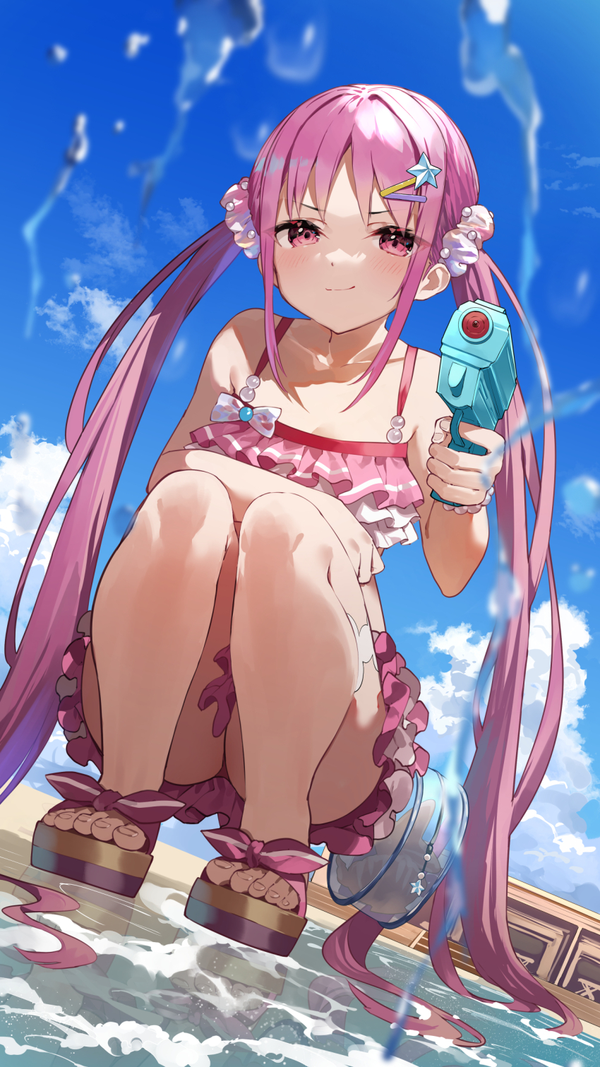 1girl absurdres amagasa_yun bare_shoulders bikini blue_sky breasts brown_sandals closed_mouth cloud collarbone commentary_request day dutch_angle full_body hair_ornament hairclip heaven_burns_red highres holding kunimi_tama long_hair looking_at_viewer outdoors pink_bikini pink_hair red_eyes sandals sky small_breasts smile smirk solo squatting star_(symbol) star_hair_ornament swimsuit twintails very_long_hair water water_gun
