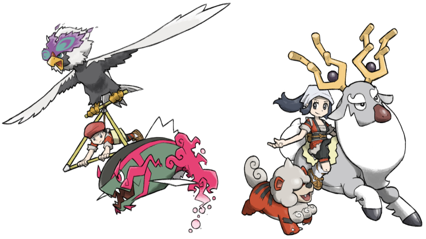 1boy 1girl akari_(pokemon) alternate_costume antlers basculegion basculegion_(male) black_hair blacknirrow brown_footwear closed_mouth commentary english_commentary eyelashes fangs flying green_eyes grey_eyes hat headscarf highres hisuian_braviary hisuian_growlithe horns japanese_clothes kimono long_hair nintendo obi open_mouth pokemon pokemon_(creature) pokemon_legends:_arceus red_eyes red_hat red_kimono rei_(pokemon) riding riding_pokemon sash short_hair simple_background smile socks white_background white_headscarf white_socks wyrdeer