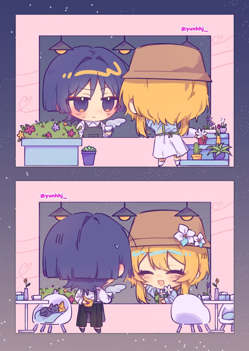 1boy 1girl alternate_costume animalization apron arm_behind_back arm_up black_apron black_cat black_eyes black_pants blonde_hair blue_flower blue_hair blue_shirt blunt_ends blush brown_hat bush cactus casual cat chair chibi choppy_bangs closed_eyes collared_shirt contemporary cup dandelion facing_another flower genshin_impact green_apron hair_between_eyes hair_intakes happy hat hat_flower heart hetero highres holding holding_letter holding_plate letter looking_at_another love_letter lumine_(genshin_impact) multicolored_flower multicolored_hair multiple_views open_mouth pants person_and_animalization plant plate potted_plant purple_flower purple_hair red_flower scaramouche_(cat)_(genshin_impact) scaramouche_(genshin_impact) shirt short_hair short_hair_with_long_locks sidelocks skirt smile standing steam streaked_hair striped_clothes striped_shirt table twitter_username waiter white_flower white_shirt white_skirt yellow_flower yunhhj