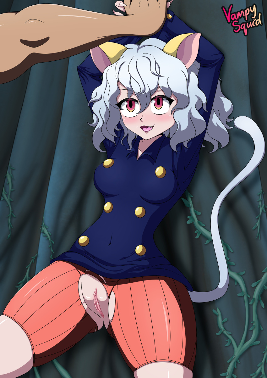 1boy 1girl absurdres against_tree against_wall aged_up animal_ears ant_girl blue_hair blue_shirt blush breasts cat cat_ears cat_girl cat_tail chimera chimera_ant clothed_sex cum cum_in_pussy cum_on_body cumdrip excessive_cum forest gon_freecss held_up hetero highres hunter hunter_x_hunter medium_breasts multicolored_eyes nature neferpitou night orange_shorts pants penis penis_size_difference punishment pussy red_eyes sex shirt short_hair shorts size_difference tail thick_thighs thighs tongue tongue_out torn_clothes torn_pants torn_shorts tree vampy_squid wide-eyed wide_hips yellow_eyes