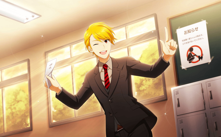 1boy black_suit blonde_hair classroom fingernails formal_clothes highres idolmaster idolmaster_side-m idolmaster_side-m_live_on_stage! long_sleeves maita_rui male_focus necktie official_art one_eye_closed open_mouth solo suit teeth upper_teeth_only window